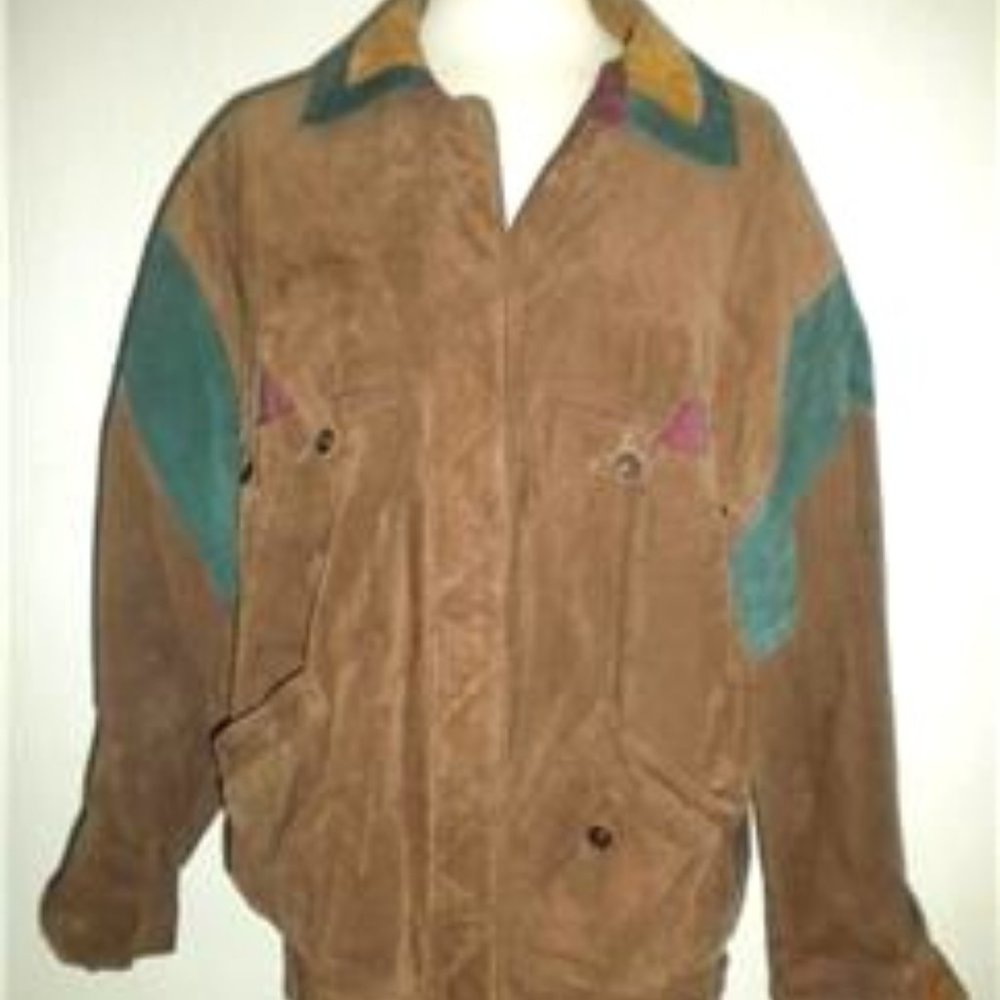 AVANTI MEN'S SIZE MEDIUM BROWN COLOR BLOCK ZIP FRONT SUEDE LEATHER JACKET